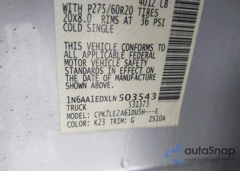 2020 Nissan Titan Sl 4X4 from USA, damaged, VIN 1N6AA1EDXLN503543
